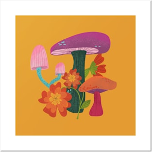 Mushrooms and marigolds Posters and Art